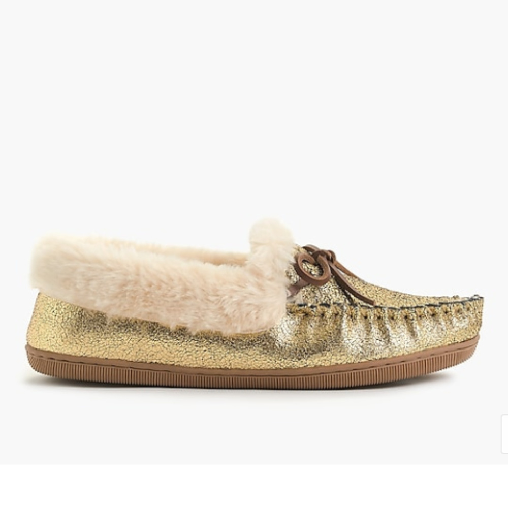 J.CREW lodge moccasin slippers in metallic gold - Picture 2 of 3